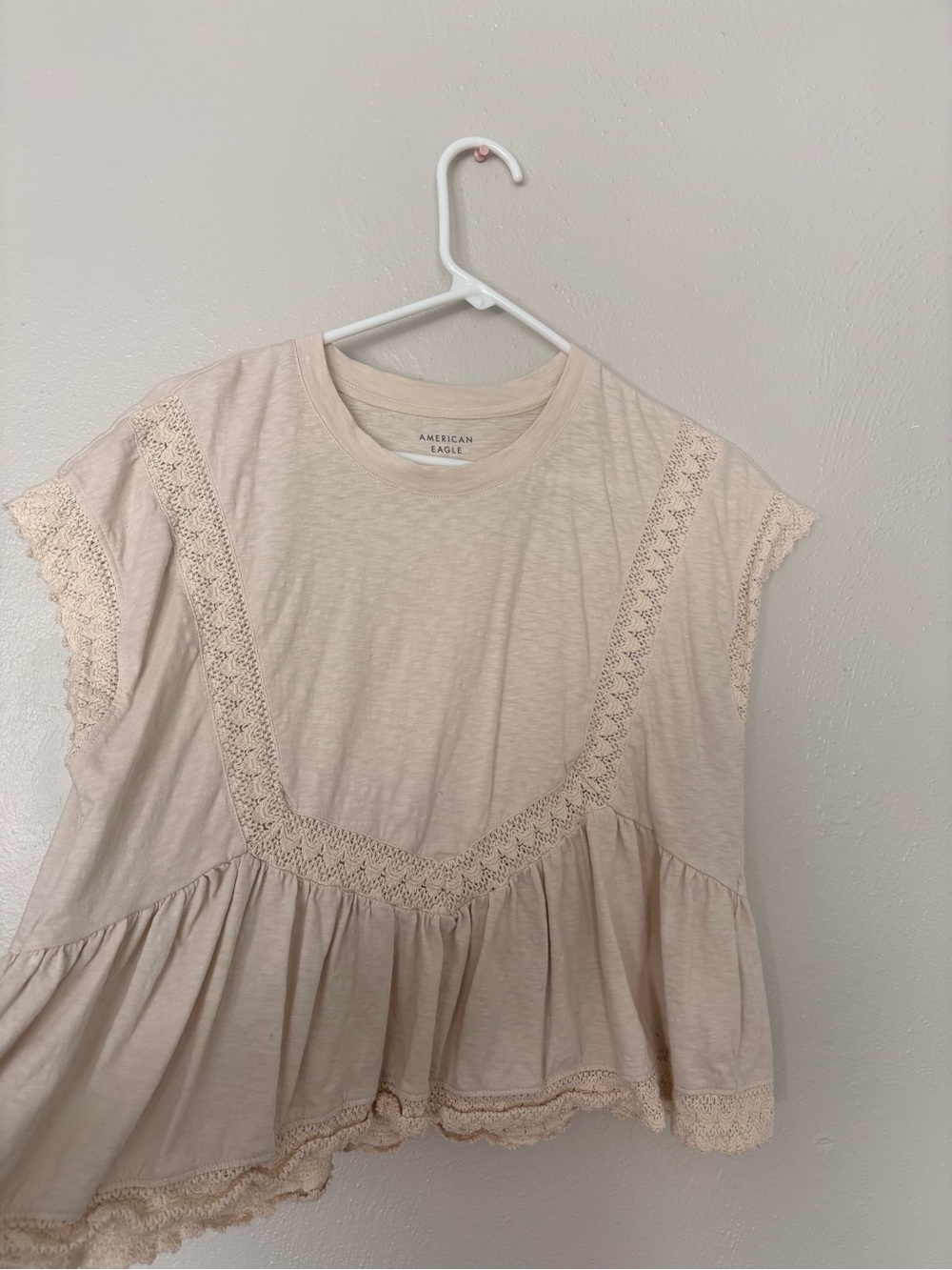 American Eagle Outfitters Women's Light Cream Crochet-Trim Peplum Tee